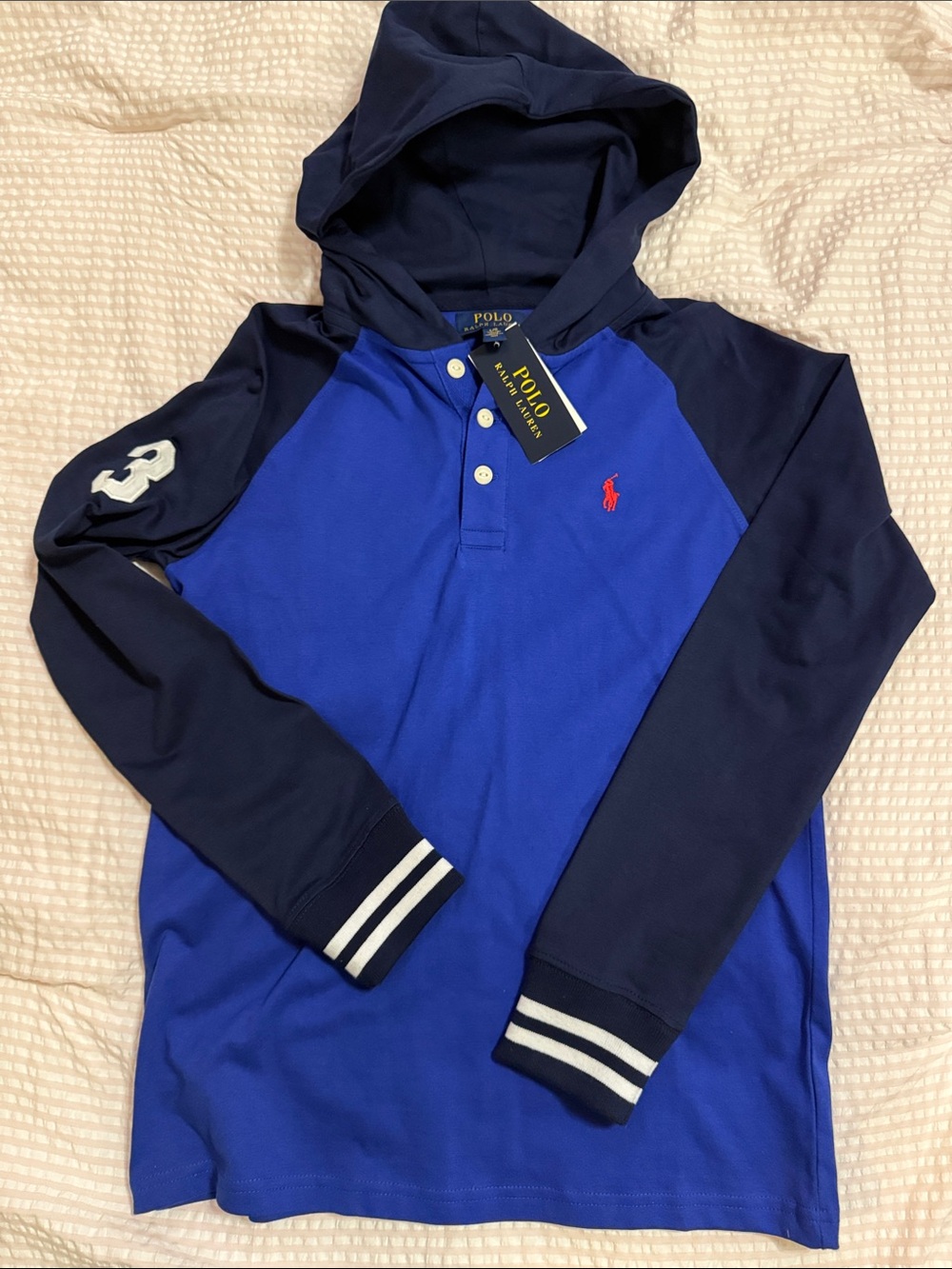 Polo by Ralph Lauren Boys Royal Blue & Navy Hooded Long-Sleeve Polo NWT SZ 14/16